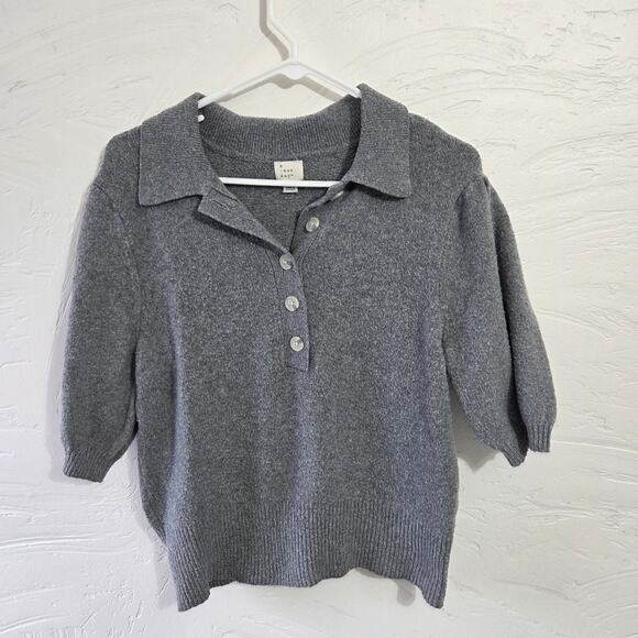 A New Day Grey Short Sleeve Button Collared Sweater Top Woman's Size Small - Picture 3 of 7